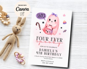 May include: Pink and purple Halloween birthday invitation with a cartoon ghost holding a pumpkin bucket. The text reads "Four Ever Spooky" and "Daniela's 4th Birthday".