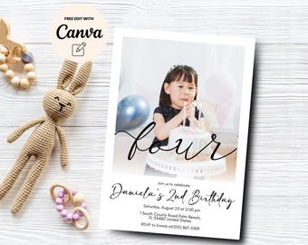 Invitación con foto editable para el cuarto cumpleaños, invitación para el cuarto cumpleaños, invitación con foto minimalista para el cuarto cumpleaños, Canva editable, descarga digital