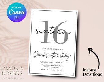 Sweet Sixteen 16th Birthday Invite, Minimalist 16th Birthday Invitation, Sweet Sixteen Birthday Invite Canva Template, Digital Download