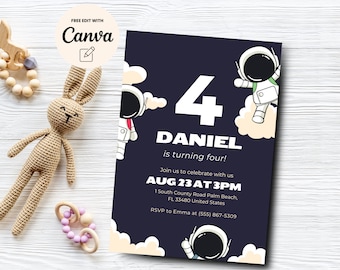 Space 4th Birthday Invitation, Editable Astronaut 4th Birthday Invite, Editable Boy 4th Birthday Invitation,Canva Template, Digital Download
