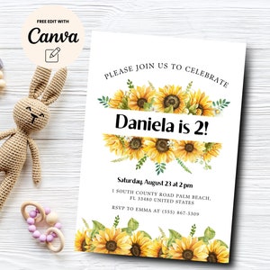 Sonnenblume 2. Geburtstagseinladung, bearbeitbare Blumenmädchen-Geburtstagsfeier einladen, Mädchen-Geburtstags-Einladung, Canva-Vorlage, digitaler Download