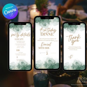 Green Gold Digital Birthday Dinner invitation, Animated Digital Birthday Party Video Invite Dinner Birthday Canva Template, Digital Download