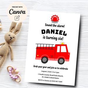 Firetruck 6th Birthday Invitation, Fire truck Birthday Invitation, Firetruck Invite, Fire truck party, Canva Template, Digital Download
