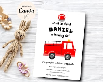 Firetruck 6th Birthday Invitation, Fire truck Birthday Invitation, Firetruck Invite, Fire truck party, Canva Template, Digital Download