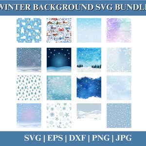 May include: A collection of sixteen winter-themed digital backgrounds in various shades of blue, white, and purple. The designs include polar bears, snowy landscapes, snowflakes, and winter village scenes. Text at the top reads "WINTER BACKGROUND SVG BUNDLE".