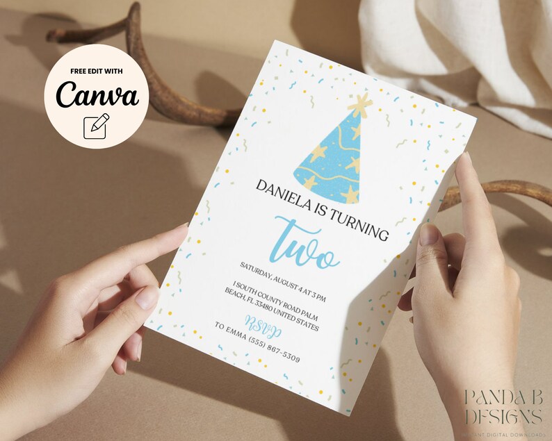 Confetti Party Hat Invitation, 2nd Birthday, Pastel Neutral Invitation ...