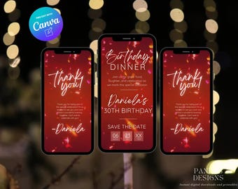 Red Digital Birthday Dinner invitation, Animated Digital Birthday Party Video Invite, Red Dinner Birthday Canva Template, Digital Download