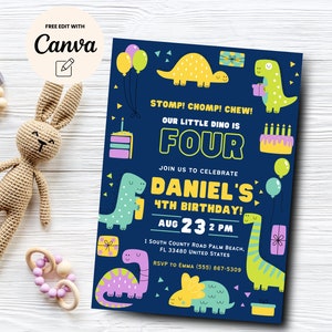 Dino Four Boy Birthday Invite, Dinosaur Birthday Invitation,  4th Birthday Invitation Template, Canva Template, Digital Download