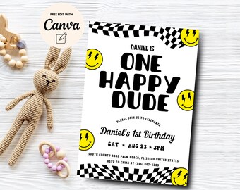 One Happy Dude 1st Birthday Invitation Template, Printable Invitation, Editable Retro One Happy Dude,  Canva Editable, Digital Download