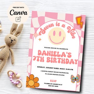 Invitación para el séptimo cumpleaños de Pink Seven is a Vibe, invitación para el séptimo cumpleaños de Girl Groovy, plantilla Canva de cumpleaños de Girl Smiley, descarga digital