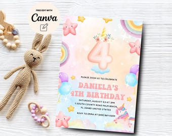 Unicorn 4th Birthday Invitation, Four Ever Magical Party Invite, Girl Pastel Fourth Birthday Template, Canva Template, Digital Download