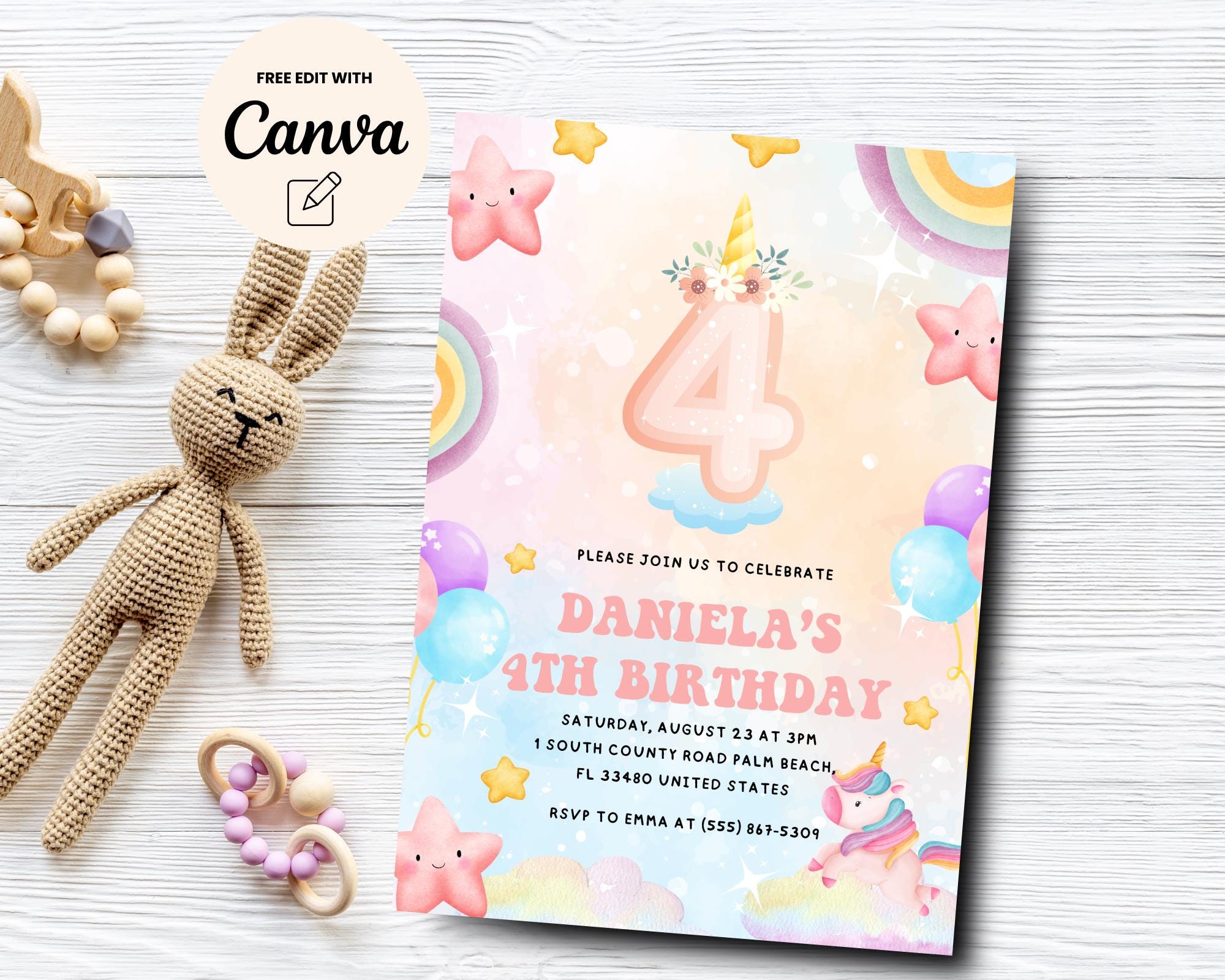 four 専用ページ Unicorn 4th Birthday Invitation, Four Ever Magical Party Invite