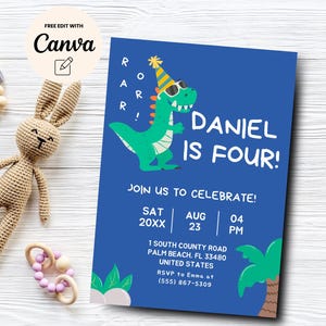 Dinosaur 4th Birthday Invitation, Roar Invite, Dino Boy Fourth Birthday Party Dino Four Invitation, Canva Template, Digital Download