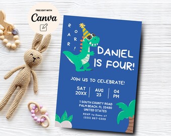 Dinosaur 4th Birthday Invitation, Roar Invite, Dino Boy Fourth Birthday Party Dino Four Invitation, Canva Template, Digital Download