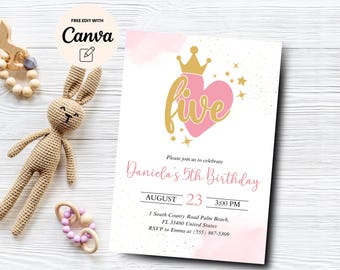 Princess 5th Birthday Invitation, Editable Princess Birthday, Girl Pink 5th Birthday Party Party, Canva Template, Digital Download