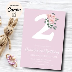 Floral 2. Geburtstagseinladung, Blumen Gartenparty Einladung zum 2. Geburtstag, Sommer-Geburtstagseinladung, Canva Vorlage, digitaler Download