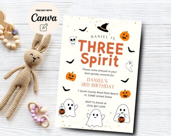 Three Spirit Birthday Invitation, Halloween 3rd Birthday Party Invite, Third Birthday Instant Download, Canva Template, Digital Download