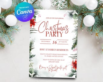 May include: A Christmas Party invitation with a festive design. The invitation features the text "Christmas Party" in elegant script, along with event details. The design includes watercolor greenery, red poinsettias, and decorative elements.