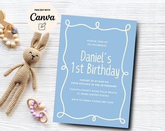 May include: A light blue invitation with a white border and the text "Please join us to celebrate Daniel's 1st Birthday" in white. The invitation includes the date, time, and location of the party.