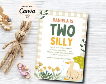 Two Silly Birthday Invitation, Two Silly Goose 2nd Birthday Invite, Goose Birthday Party Invite, Canva Template, Digital Download
