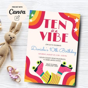 Groovy 10th Birthday Invitation, Ten is a Vibe Girl Groovy 10th Birthday Invite, Roller Skate Birthday Canva Template, Digital Download