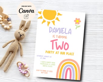 May include: A colorful birthday party invitation with a rainbow, sun, and flower. The text reads "Daniela is turning Two, Party at our place, Saturday, August 23 at 3pm, 1 South County Road, Palm Beach FL 33480, United States, RSVP to Emma at (555) 867-5309."