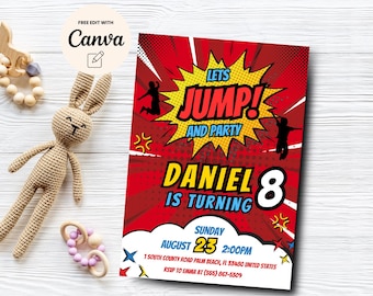 Invito per l'ottavo compleanno di Jump, invito per la festa di compleanno di Trampolino, invito per il castello gonfiabile, tema fumetto, modello Canva, download digitale