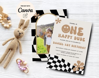 男の子の1歳の誕生日招待状。幸せな男の子の誕生日招待状。スマイリーフェイスのレトロな誕生日、Canvaで編集可能、デジタルダウンロード
