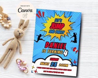 Invito per il 4° compleanno di Jump, invito per festa di compleanno con trampolino gonfiabile, compleanno a tema fumetto, modello Canva, download digitale