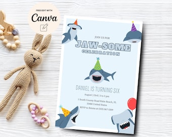 Haie zum 6. Geburtstag Einladung, bearbeitbare Vorlage, Jawsome Haie Party einladen, Unter dem Meer Party, Canva Vorlage, digitaler Download