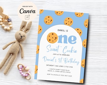 One Sweet Cookie Birthday Invite, Editable First Birthday Invitation, Blue Boy 1st Birthday, Canva Editable, Digital Download