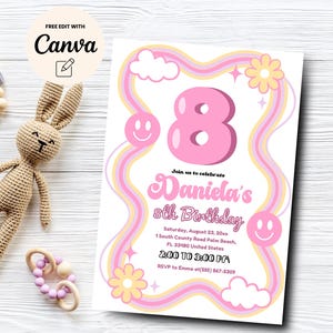 Groovy Vibe 8th Birthday Invitation, Girl Groovy 8th Birthday Invite, Pink Invite, Girl Smiley Birthday Canva Template, Digital Download