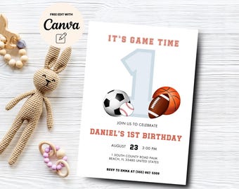 Sports 1st Birthday Invitation, Editable 1st Birthday Template, It's Game Time, All Star, 1st Birthday, Canva Editable, Digital Download