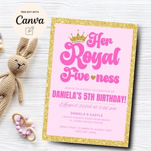 Faire-part d'anniversaire de princesse, son invitation Royal Fiveness, 5e anniversaire d'invitation, modèle de toile d'invitation de fête de princesse, téléchargement numérique