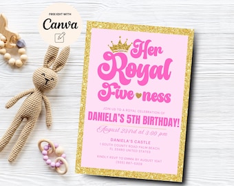 Princess Birthday Invitation, Her Royal Fiveness Invitation, 5th Birthday Invitation, Princess Party Invite Canva Template, Digital Download