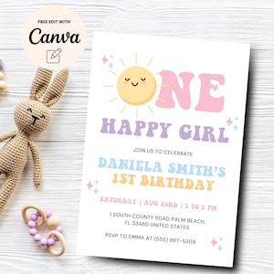 One Happy Girl 1st Birthday Invitation, Girl 1st Birthday Invite, Sunshine Birthday Invitation, Canva Editable, Digital Download