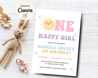 One Happy Girl 1st Birthday Invitation, Girl 1st Birthday Invite, Sunshine Birthday Invitation, Canva Editable, Digital Download