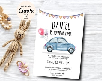 Car 5th Birthday Party Invitation,  Car theme Fifth Birthday Invite, Minimalist Birthday Invite, Canva Template, Digital Download