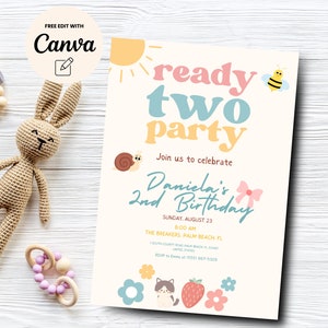 Spring Garden Party Invitation, Retro Flowers, Snail, Bee, Strawberries 2nd Birthday, Instant Download, Canva Editable, Digital Download