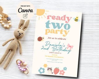 May include: A colorful invitation for a second birthday party with a bee, snail, and sun graphic. The invitation says "ready two party" and "Join us to celebrate Daniela's 2nd Birthday". The party is on Sunday, August 23 at 8:00 AM at The Breakers, Palm Beach, FL.