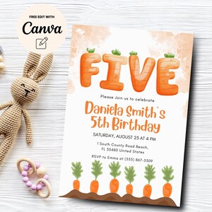 May include: A printable invitation for a 5th birthday party with a carrot theme. The invitation features the number five made of carrots, with a watercolor background. The text reads "Please join us to celebrate Daniela Smith's 5th Birthday. Saturday, August 23 at 4 PM. 1 South County Road Beach, FL 33480 United States. RSVP to Emma at (555) 867-5509."