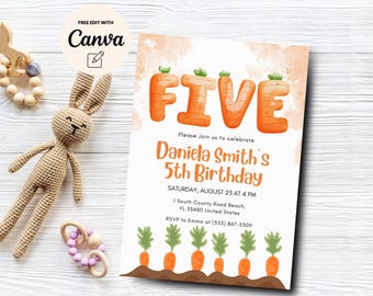May include: A printable invitation for a 5th birthday party with a carrot theme. The invitation features the number five made of carrots, with a watercolor background. The text reads "Please join us to celebrate Daniela Smith's 5th Birthday. Saturday, August 23 at 4 PM. 1 South County Road Beach, FL 33480 United States. RSVP to Emma at (555) 867-5509."