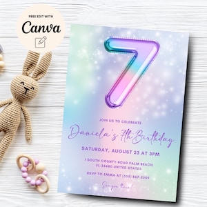Bearbeitbare Einladung zum 7. Geburtstag Glitzereinladung zum 7. Geburtstag Bearbeitbare Mädcheneinladung Regenbogen Canva Vorlage, digitaler Download