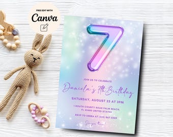 Editable 7th Birthday Invitation Glitter Seventh Birthday Invitation Editable Girls Invitation Rainbow Canva Template, Digital Download