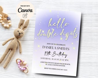 Double Digits 10th Birthday Invitation, Girl 10th Birthday Invite, Purple Sparkle 10th Birthday Invite, Canva Template, Digital Download