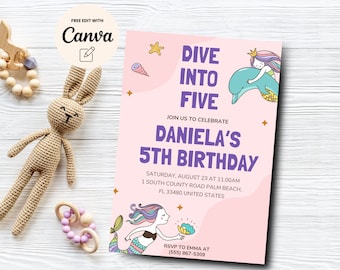 Dive Into Five Mermaid 5th Birthday Invitation, Under the Sea Birthday Invite, Ocean Birthday Invite, Canva Template, Digital Download