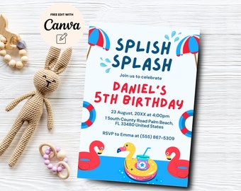 Pool Party 5th Birthday Invitation, Splish Splash, Colorful Birthday Invite, Kids Birthday Invitation, Canva Template, Digital Download