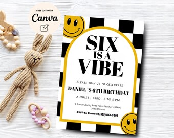 Invitación para el sexto cumpleaños de Six is a Vibe, invitación con cara sonriente, plantilla editable, invitación genial para el sexto cumpleaños, plantilla Canva, descarga digital