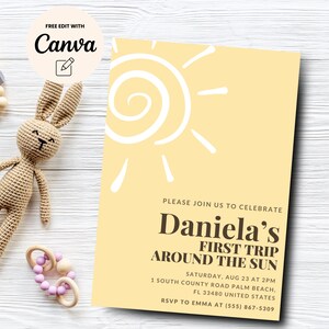 First Trip Around the Sun 1st Birthday Party Invitation, Sunshine First Birthday, 1st Birthday Invitation, Canva Editable, Digital Download