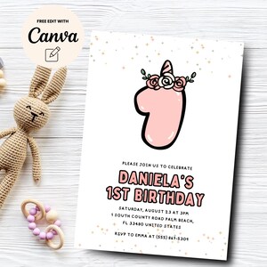 Unicorn 1st Birthday Party Invitation, Pink Birthday Invitation, Magical Birthday Invitation Unicorn, Canva Template, Digital Download